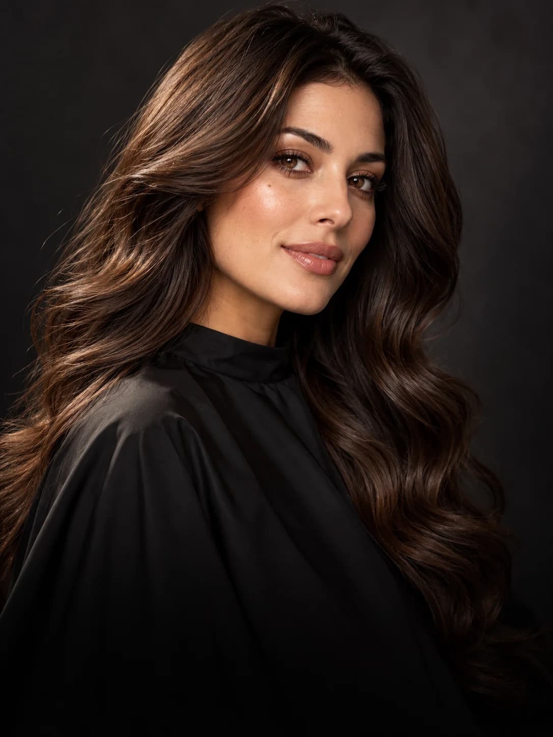 Brunette beauty editorial portrait with glossy chocolate-brown waves
