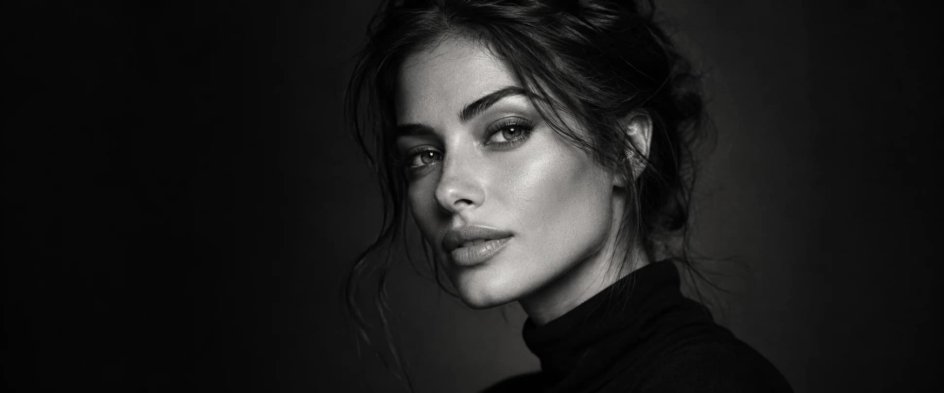Black-and-white editorial beauty portrait with swept-up hair